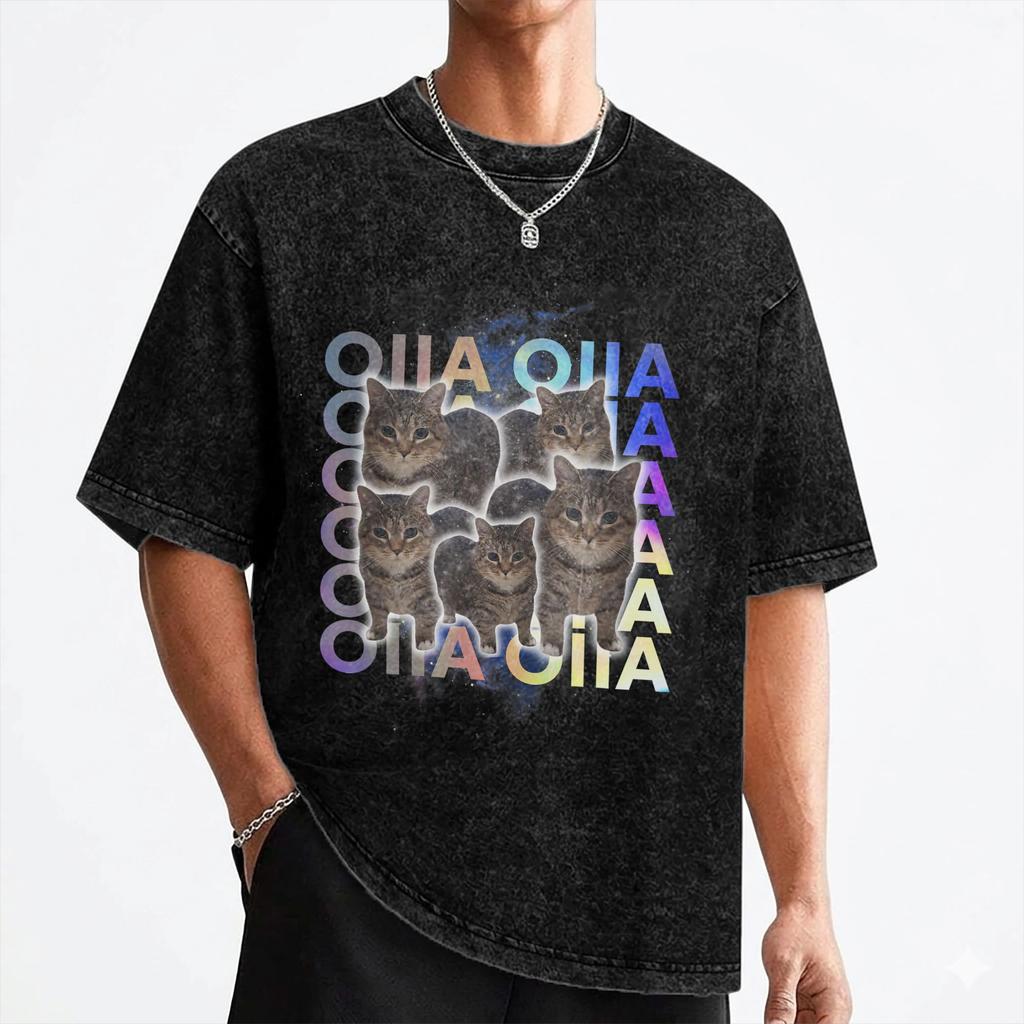 OIIA OIIA Spinning Cat Meme T Shirt Washed Cotton Oversize TShirts Novelty Men Women Streetwear Printed Tops Tees