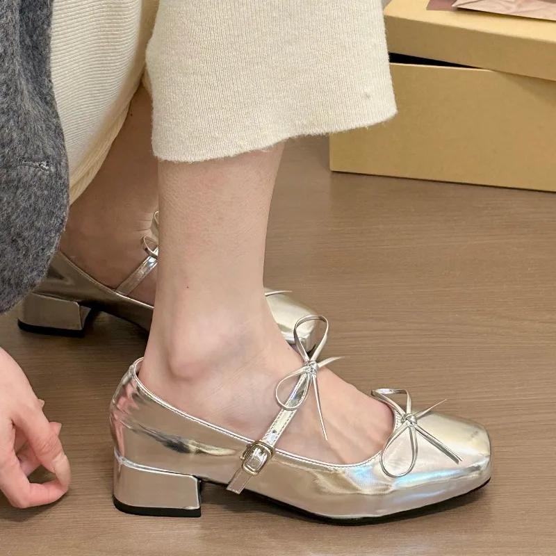 Модная женская обувь 2025 Бренд Ремешок с пряжкой Женские туфли на высоком каблуке Модный бант Новые однотонные с квадратным носком Бестселлер Туфли Мэри Джейн