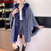 7 Colors Knitted Streetwear Women Split Shawl Capes Lining Velvet Warm Cloak With Hat Winter Thick Faux Rabbit Fur Long Poncho