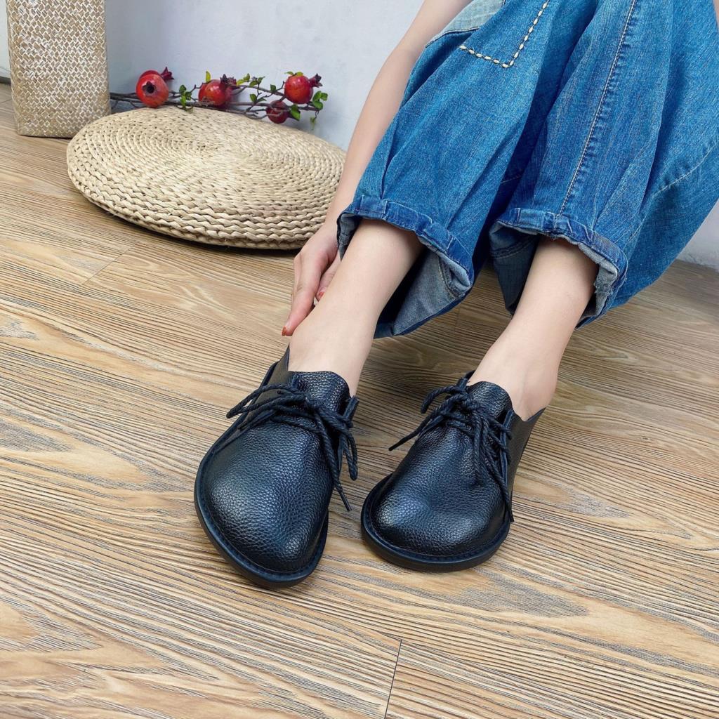 Johnature Women Flats Shoes Round Toe Lace-up Genuine Leather Casual Handmade Comfortable Solid Color Shoes