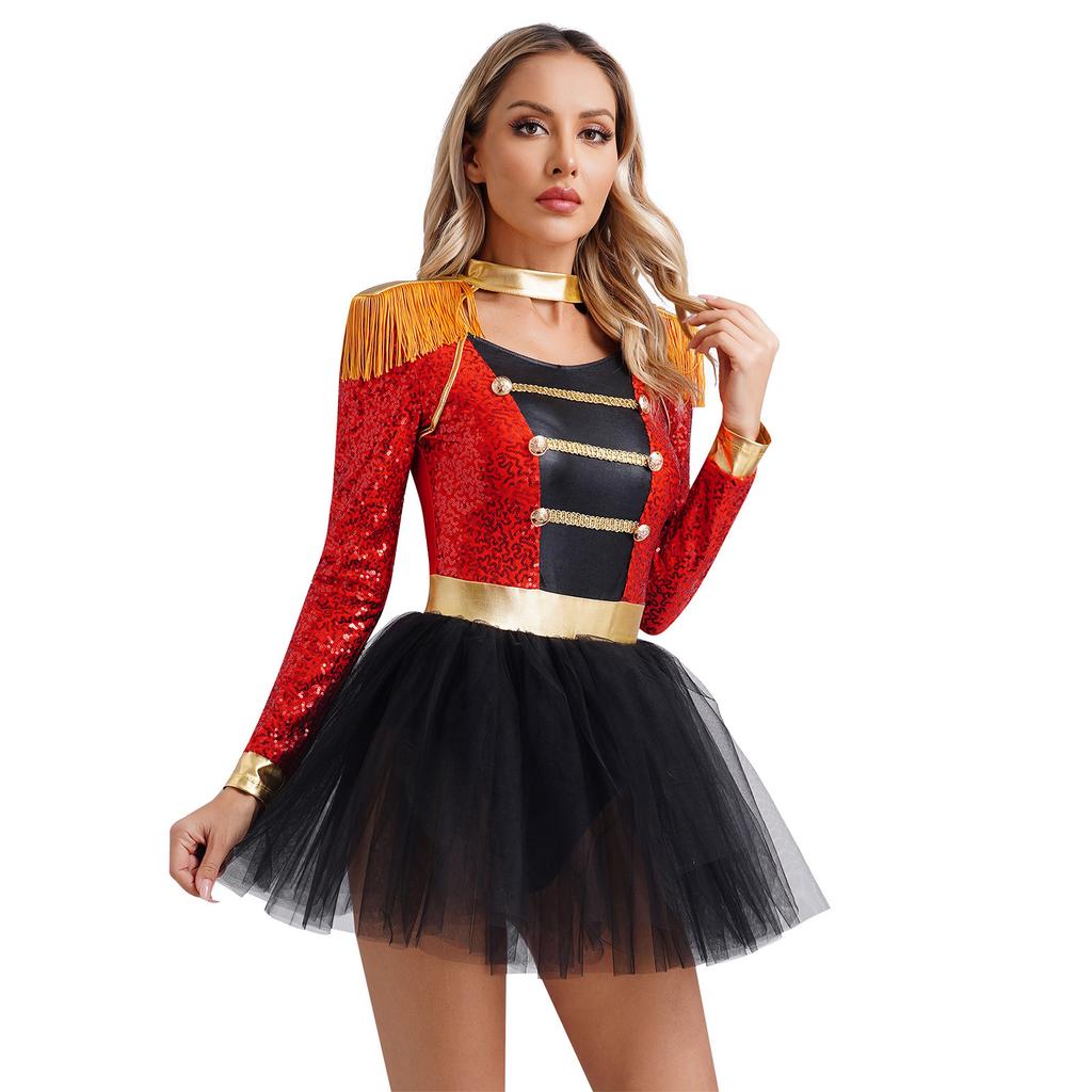 Womens Circus Ringmaster Dress Long Sleeve Tassel Shoulder Boards Shiny Sequins Skirted Bodysuit Halloween Costume
