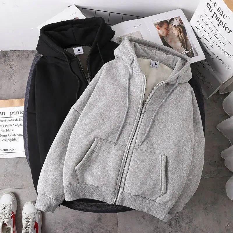 Men's Autumn and Winter Loose Casual Padded Sweatshirt Solid Color Hooded Zipper Jacket