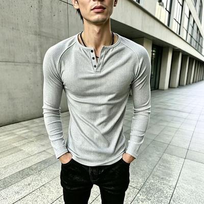 Однотонная узкая мужская повседневная футболка-henley с длинным рукавом для фитнеса, базовая