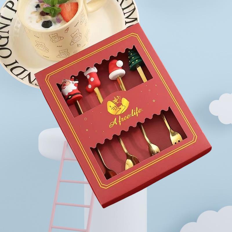 4/6pcs Gold Silver Spoon Fork Set Merry Christmas Coffee Tea Spoon Dessert Fork  Birthday Gift