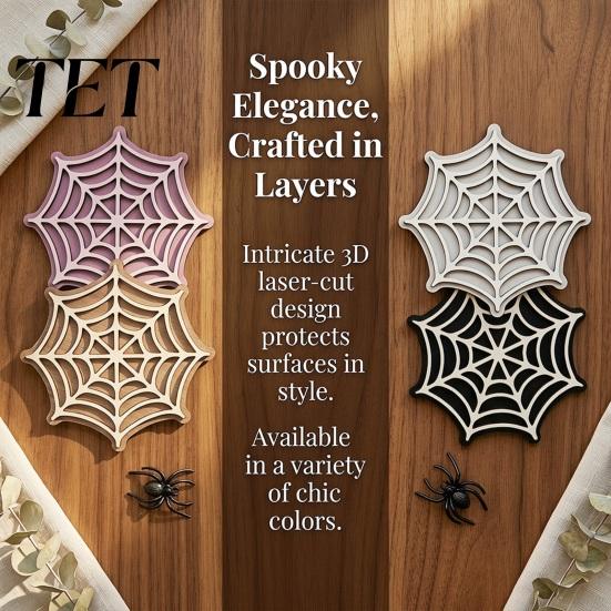 Solid Wood Bar Counter Mats Halloween Spider Web Wooden Coaster, Anti-Slip Cup Mat with Figurine, Gothic Coasters Thermal Insulated Table Protection