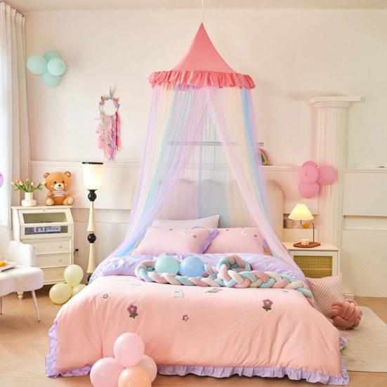 Rainbow Bed Canopy for Girls Dreamy Kids Princess Dome Bed Tent Breathable