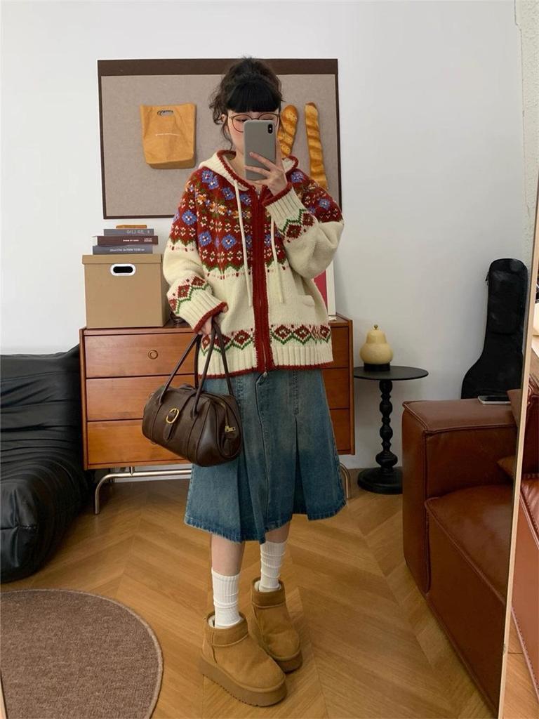 Женский вязаный кардиган с капюшоном в корейском стиле с цветовыми блоками и узором Fair Isle - Универсальный свободный свитер для осени/зимы.