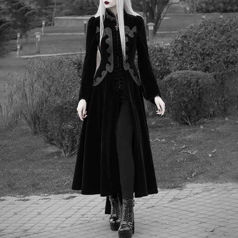 FiveFive Autumn Winter Trench Coat Outerwear Medieval Cosplay Costume Women Fashion Long Sleeve Velvet Tailcoat Jacket Vintage Gothic Long Dress Coat