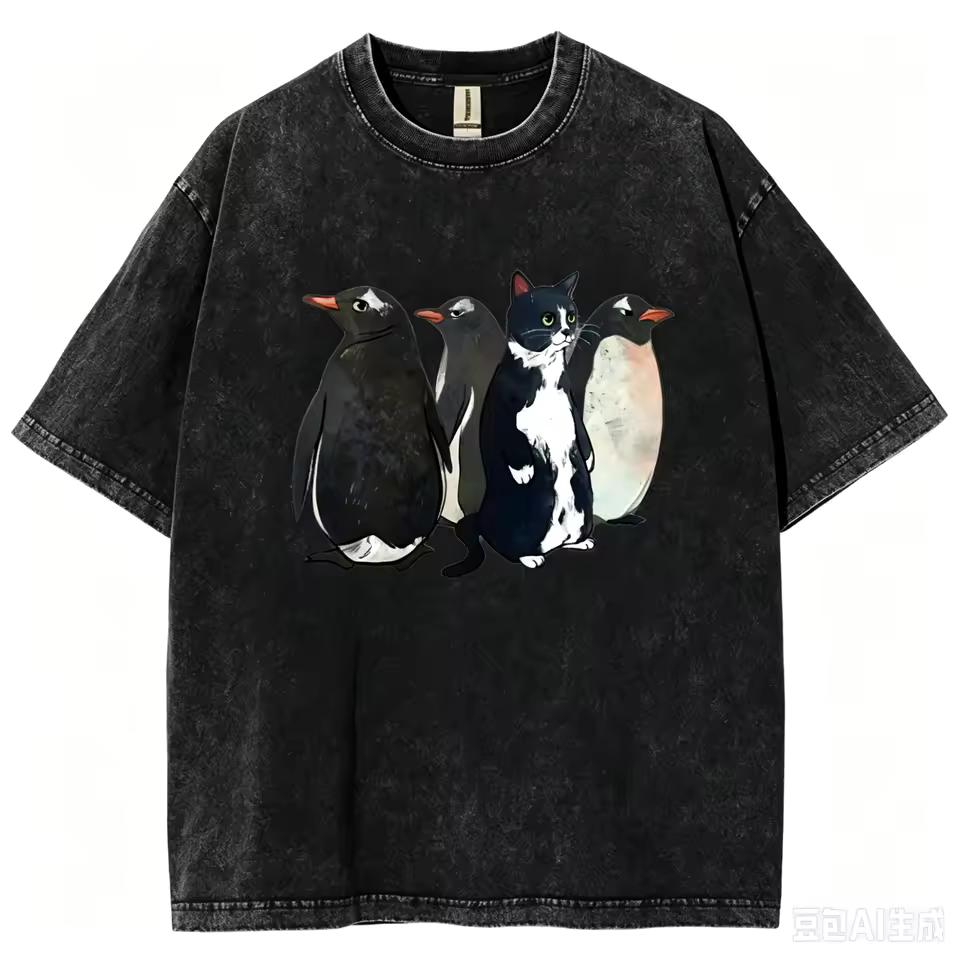 Vintage Washed Tuxedo Cat and Penguin Graphic T Shirt Men Women Cotton Short Sleeve Funny Animal Casual Streetwear Summer Tee