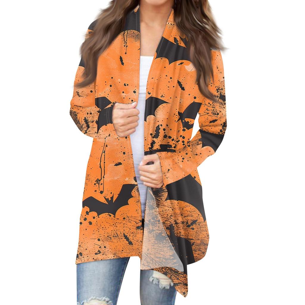 Женский кардиган с длинным рукавом спереди и принтом на Хэллоуин, легкая куртка