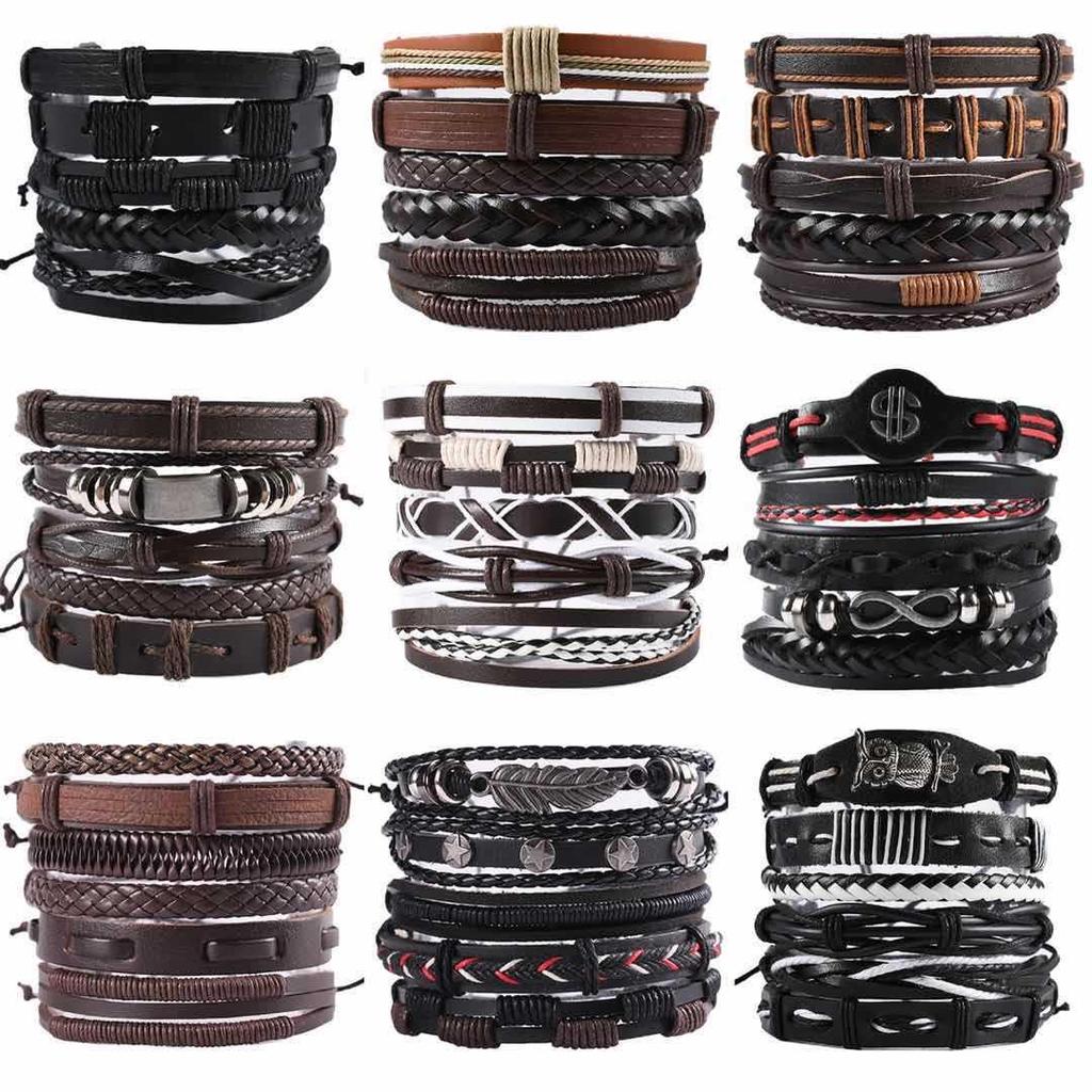 Retro Men's 5-Piece Adjustable Cross-Woven Leather Bracelet Set - National Style