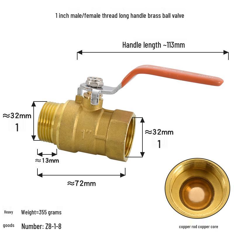 Brass Ball Valve with Copper Core: Male/Female, Double Female, 1/2", 3/4", 1" Sizes, for Water and Gas Pipes.