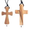Hand-carved Tapered Wood Cross-shape Necklace Long Leather Rope Adjustable Olive Wood Pendant for Boys Girls Men Women