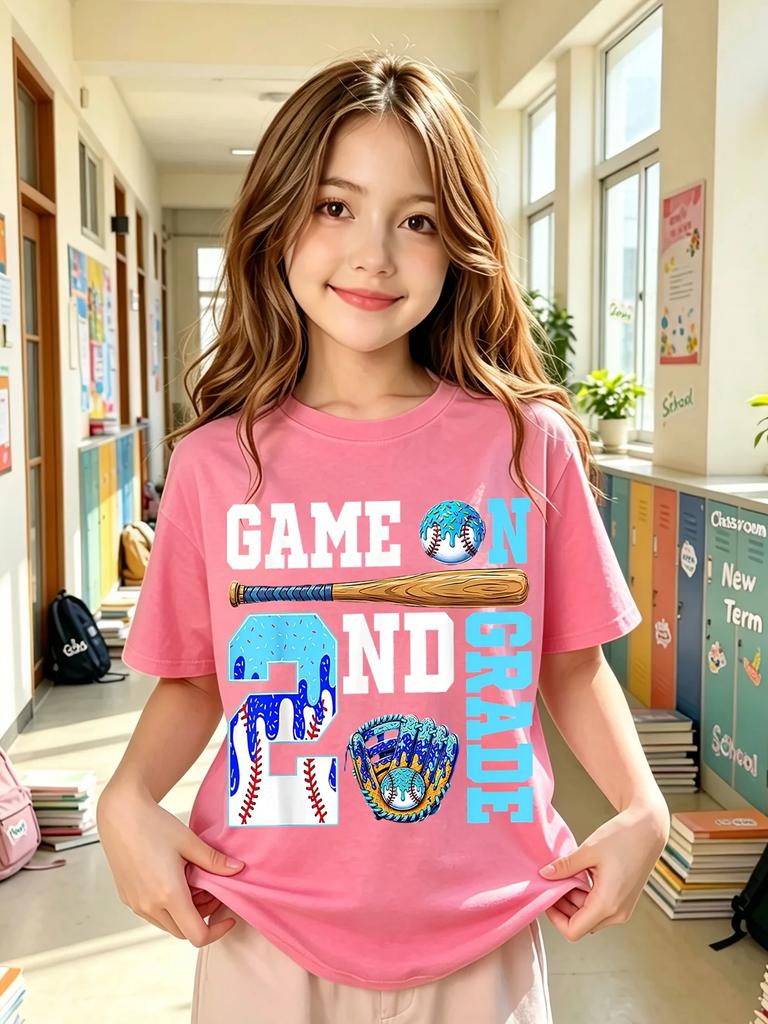 Kids Short Sleeve T Shirt Game On 2nd Grade Baseball Print Boys Girls Back To School Casual Summer Tee Top