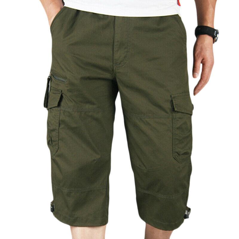 Men Casual Beach Holiday Three Quarter Length Pants Side Pockets Cargo Style Sports Short Trousers