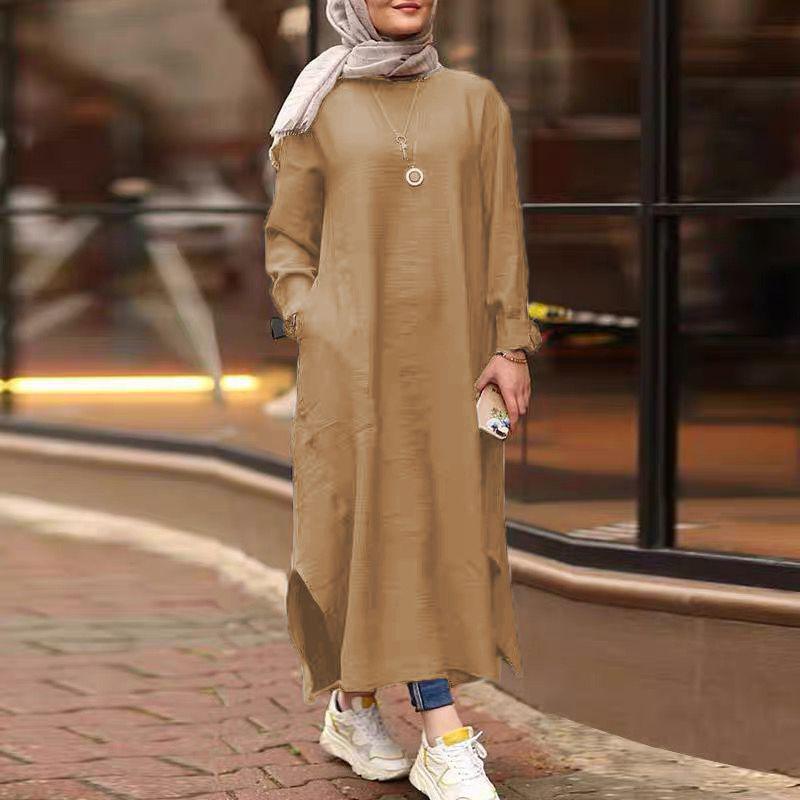 Womens Muslim Dress Islamic Clothing Long Sleeve Shirt Round Collar Solid Color Maxi Dresses Casual Pocket Musulman DubaiKaftan Robe Plus