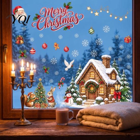 Snowflake Decals for Glass Christmas Window Clings, Snowy Village House Xmas Tree Squirrel Rabbit Creative Gifts Sticker, Double-Sided Static