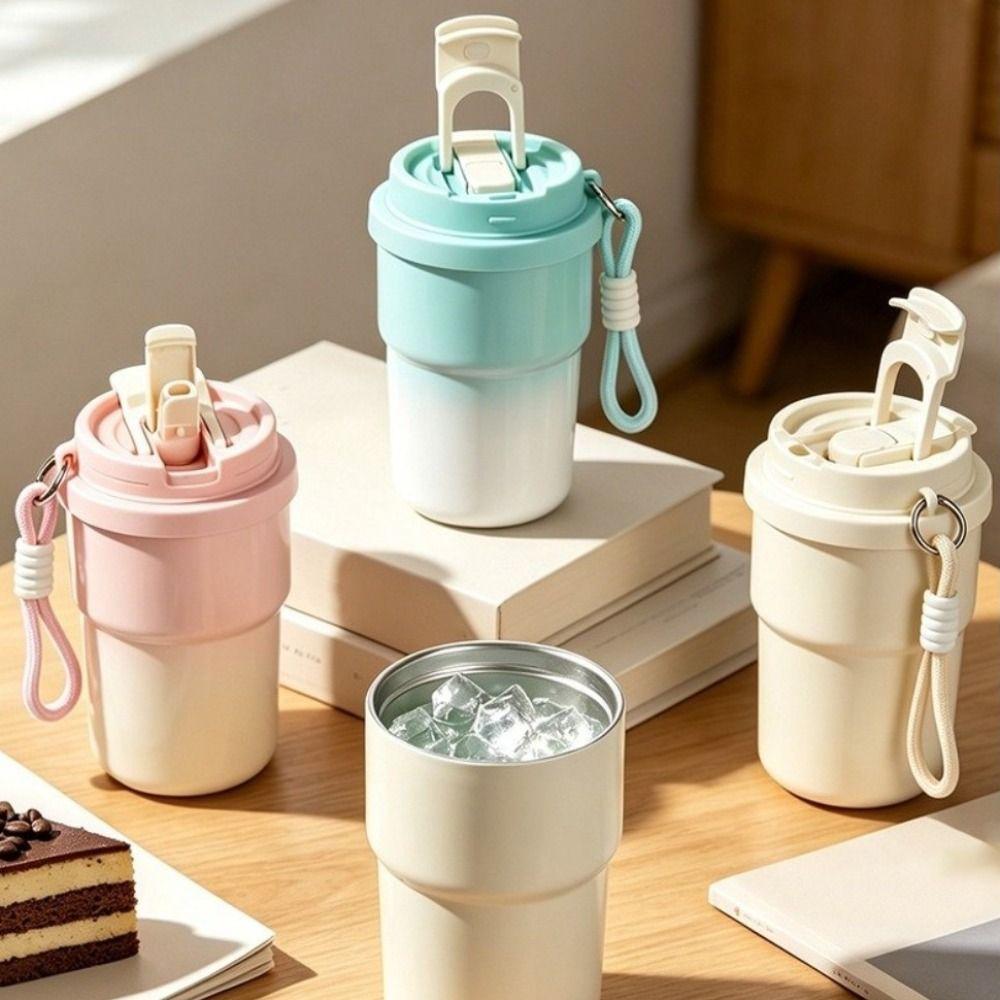 Stainless Steel Portable Insulated Cup Gradient Color Straw Thermos Cup Coffee Tea
