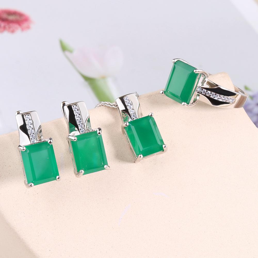 Зеленый агат, натуральный драгоценный камень, кольцо, серьги, ожерелье, комплект ювелирных изделий, стерлинговое серебро 925 пробы, модные ювелирные изделия, женский подарок