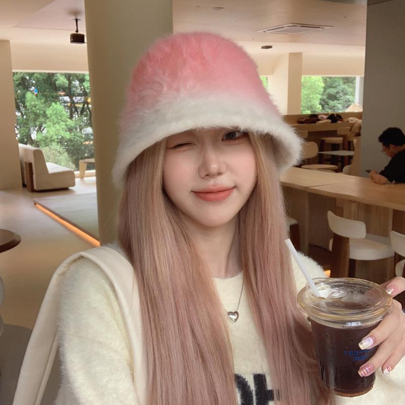 New Autumn and Winter High-end Tie-dye Rabbit Hair Contrasting Color Hair Bucket Hat Women's Outdoor Travel Fashion Basin Hat