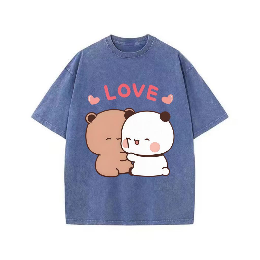 Bubu Dudu Kawaii Clothing Women Couple T-shirt Retro Washed Vintage Panda Bear Cute Cartoon Women T-shirt
