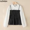 VONDA Women Stand Ruffled Neck Long Sleeve Patchwork Smocking Fake Two Pieces Blouse