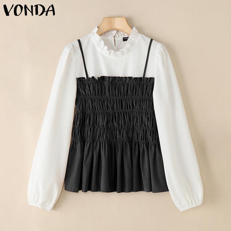 VONDA Women Stand Ruffled Neck Long Sleeve Patchwork Smocking Fake Two Pieces Blouse