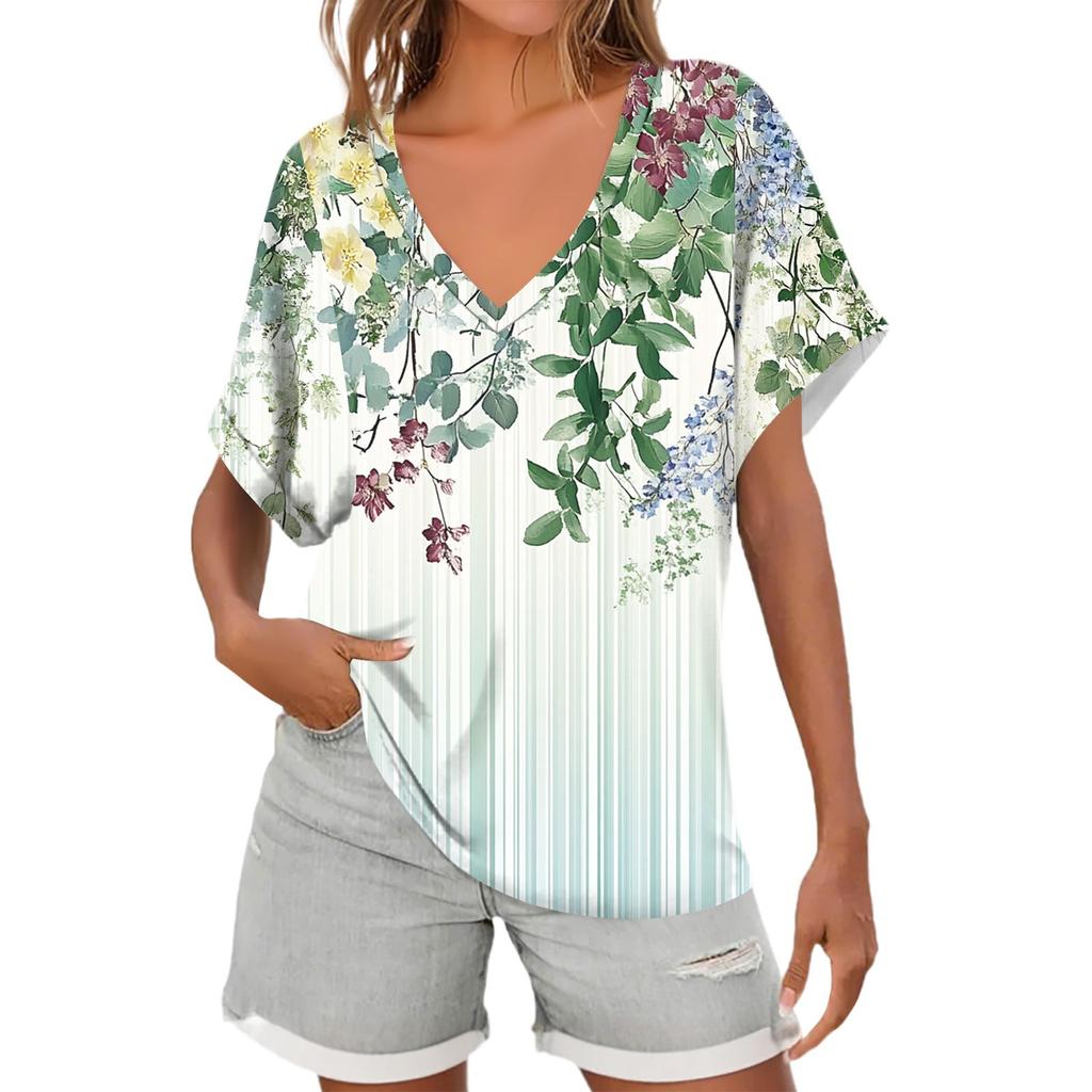 Womens Short Sleeve V-Neck Shirts Floral Print Loose Casual Basic Tees Summer Tops