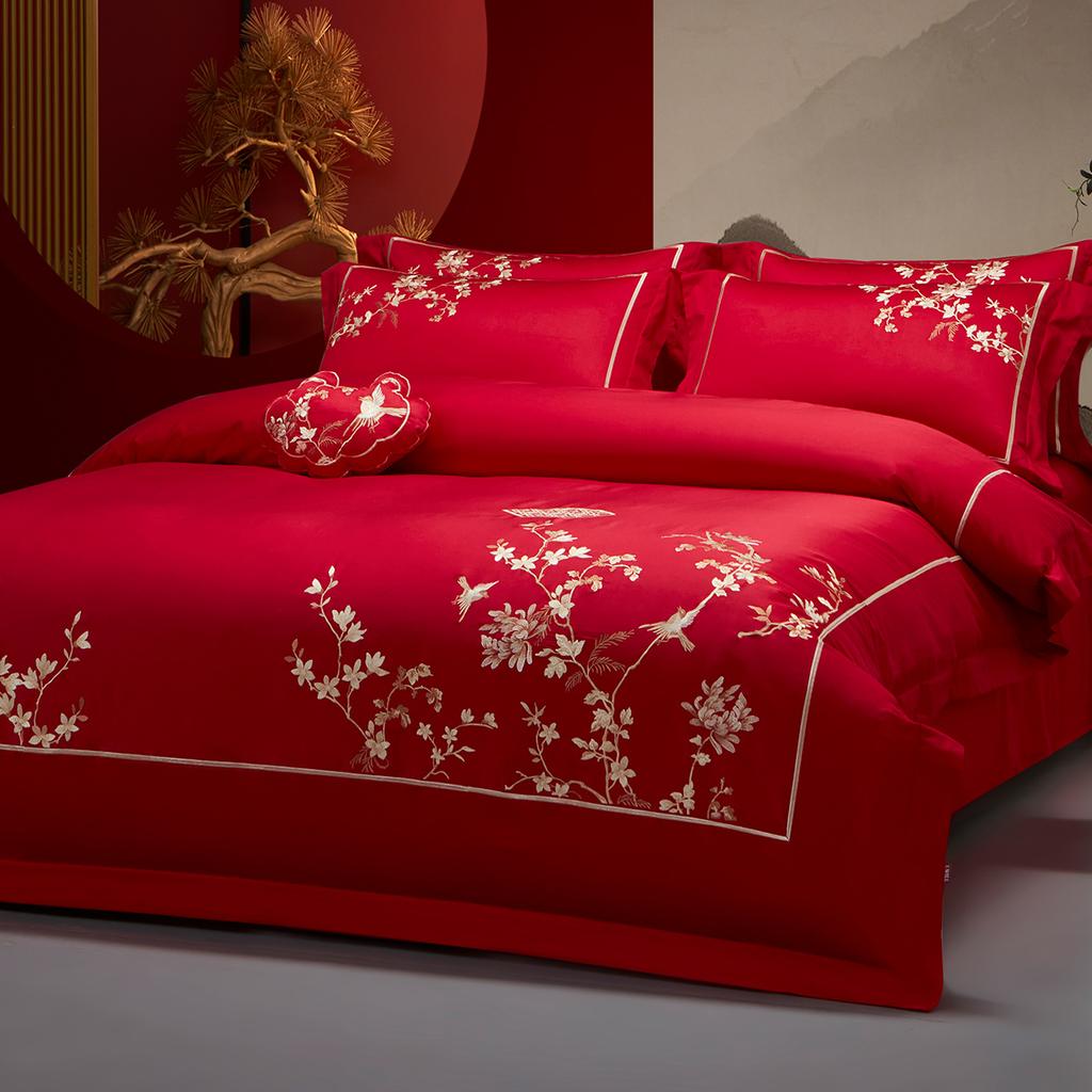 New Chinese Style High Count Satin Cotton Wedding Embroidery Four Piece Set - Eyebrow Tips on the Wedding