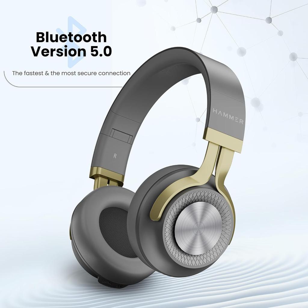 Hammer Bash 2.0 Over The Ear Wireless Bluetooth Headphones with Mic, Deep Bass, Foldable Headphones, Upto 8 Hours Playtime, Bluetooth 5.0 (Grey)