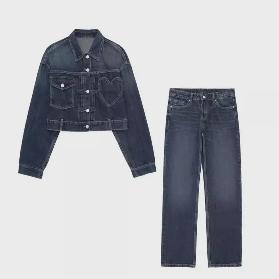 Женская модная джинсовая куртка и прямые брюки с высокой талией 8197003 8197002