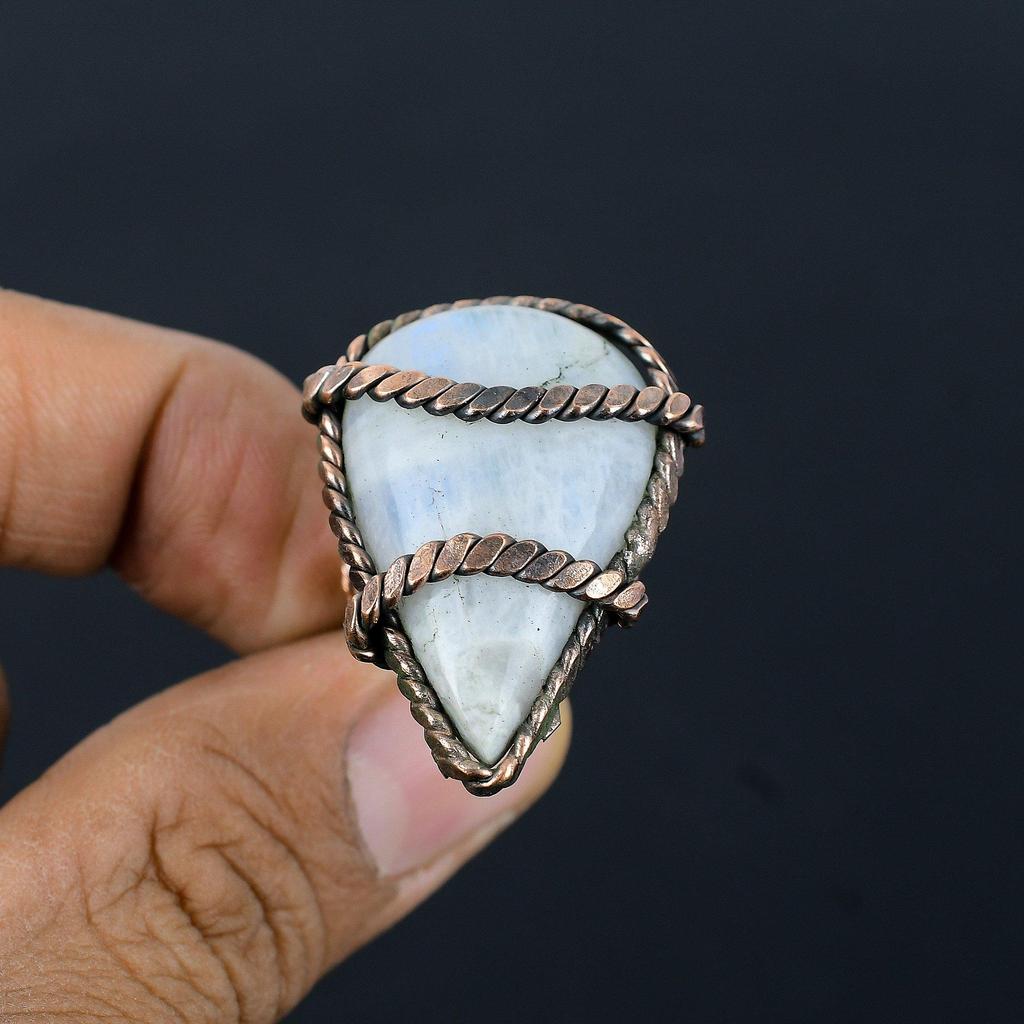 Moonstone Gemstone Copper Wire Wrapped Handmade Jewelry Ring All Size For Woman