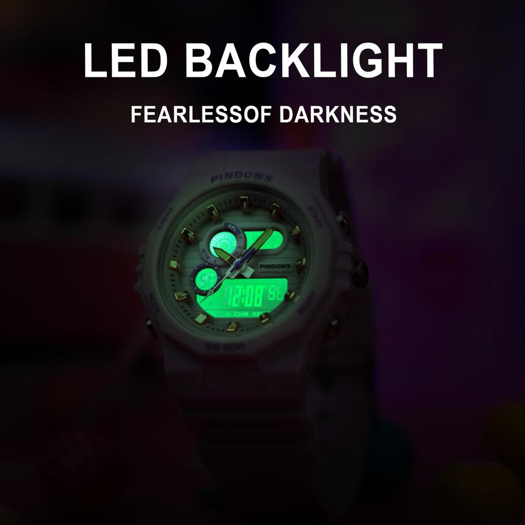 PINDOWS 50M Водонепроницаемые Наружные Цифровые Спортивные Часы со Светодиодной Подсветкой и Секундомером Женские Часы, Ударопрочные, Многофункциональные, Подсветка, Календарь, Будильник,