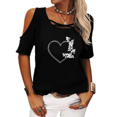 Женская модная футболка с открытыми плечами, женская повседневная футболка с принтом и круглым вырезом, летняя футболка с коротким рукавом