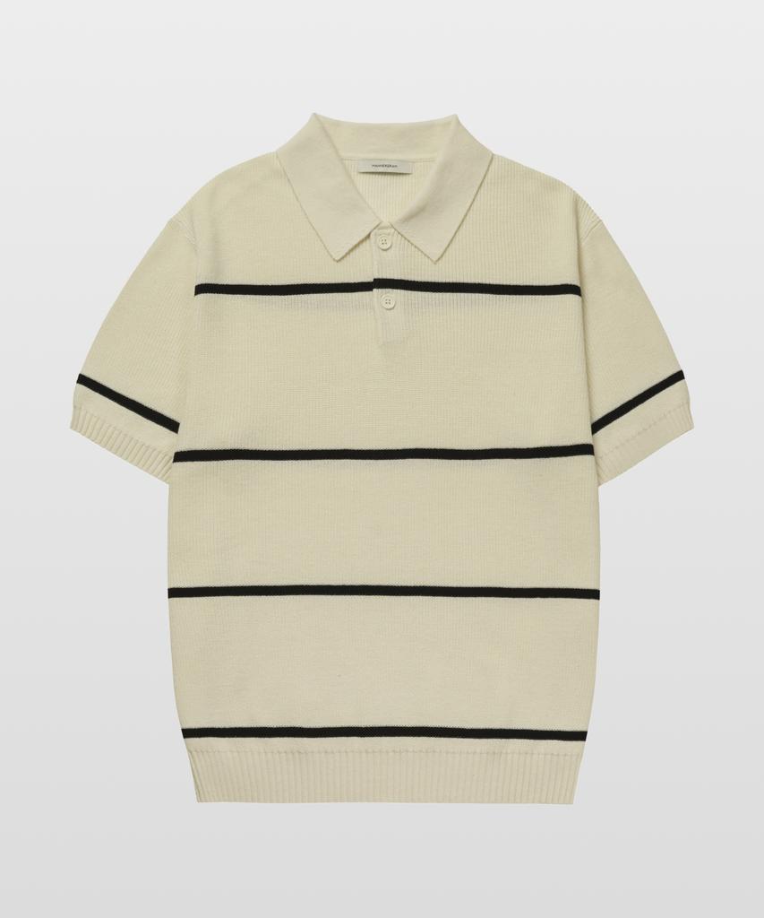 MANNERGRAM Textured Striped 100% Cotton Polo Short Sleeve Knit Cream