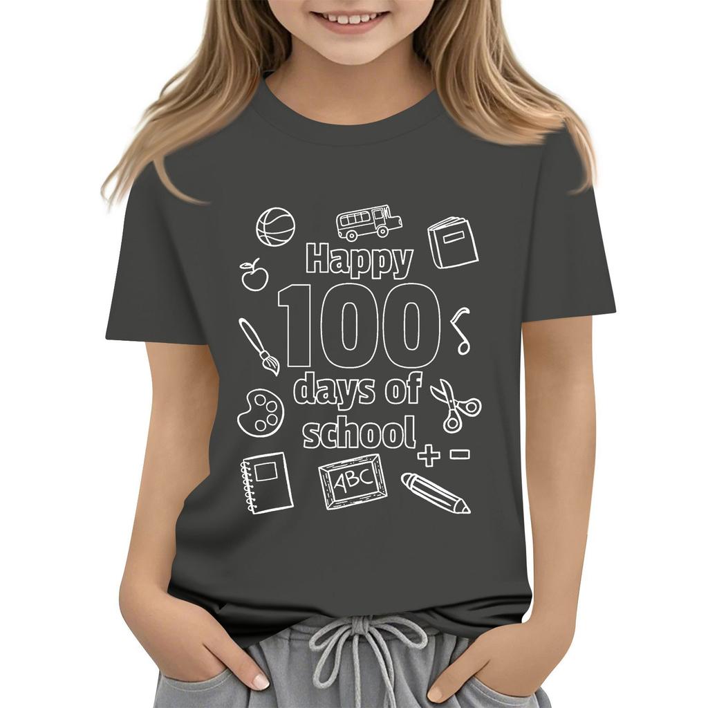 Kids Fashion Casual Short Sleeve 100 Day School Anniversary Printed Round Neck T-Shirt Top