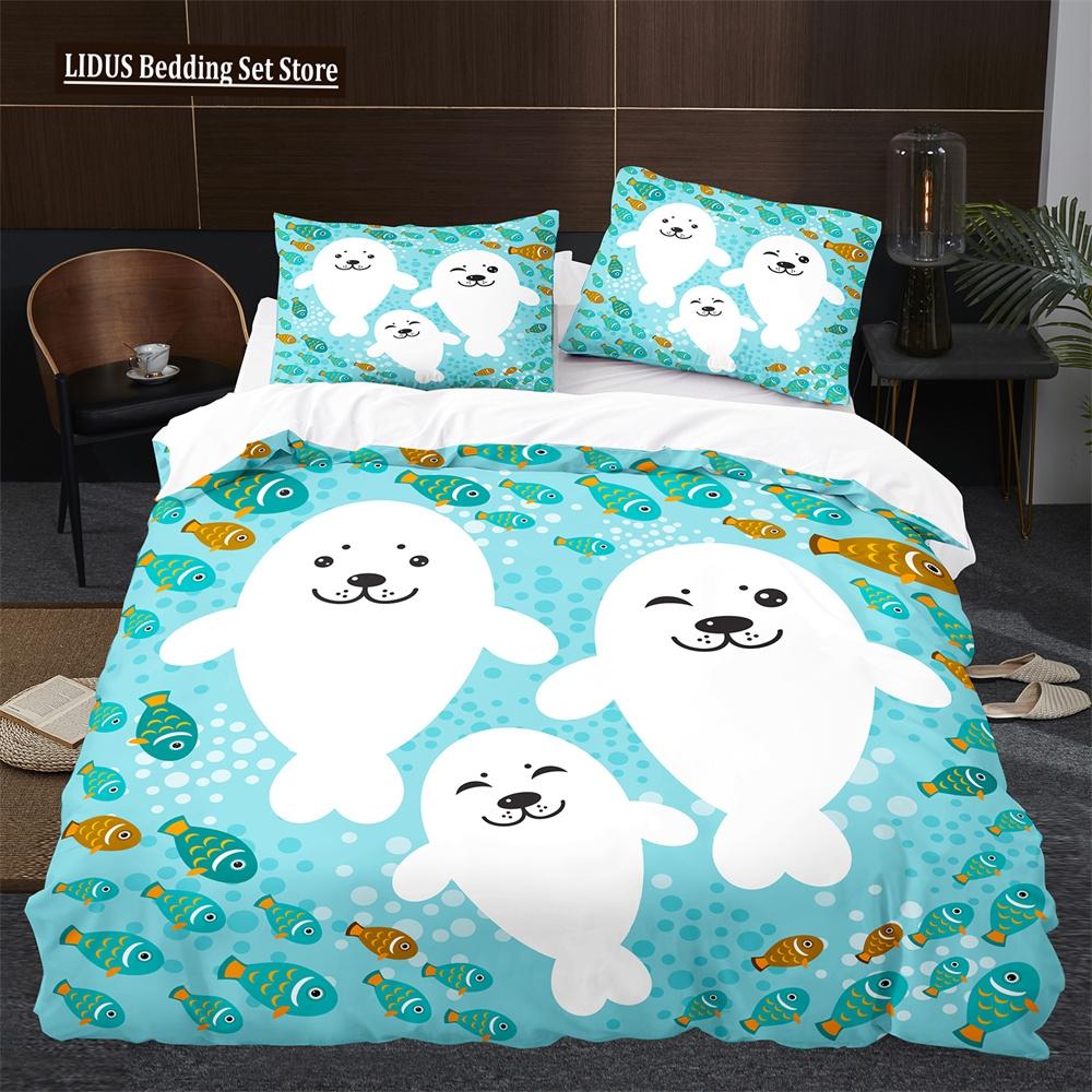 Пододеяльник Морской лев размера кинг/квин, милый комплект постельного белья с морскими животными для детей, мальчиков, девочек, синий, море, пляж, полиэстер, чехол для одеяла