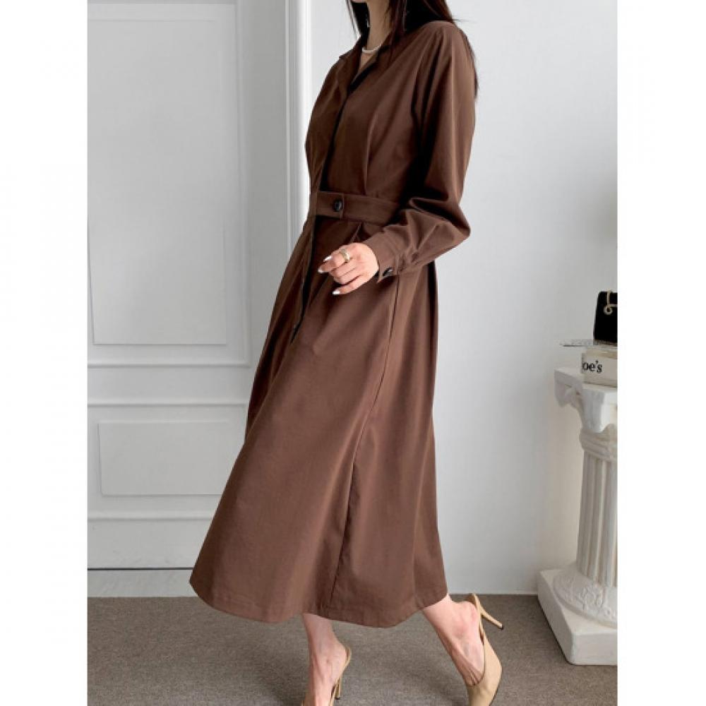 Shop Women Collar Neck Button Open Flare Pleated Long Dress Brown Cat Wdr 3827
