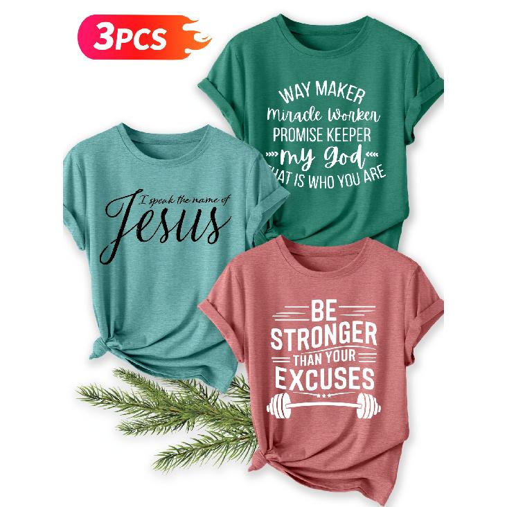 Three-piece set Religious inspirational text print short-sleeve retro round-neck shirt T Fresh and natural style loose-fitting shirt 2026 Elegant