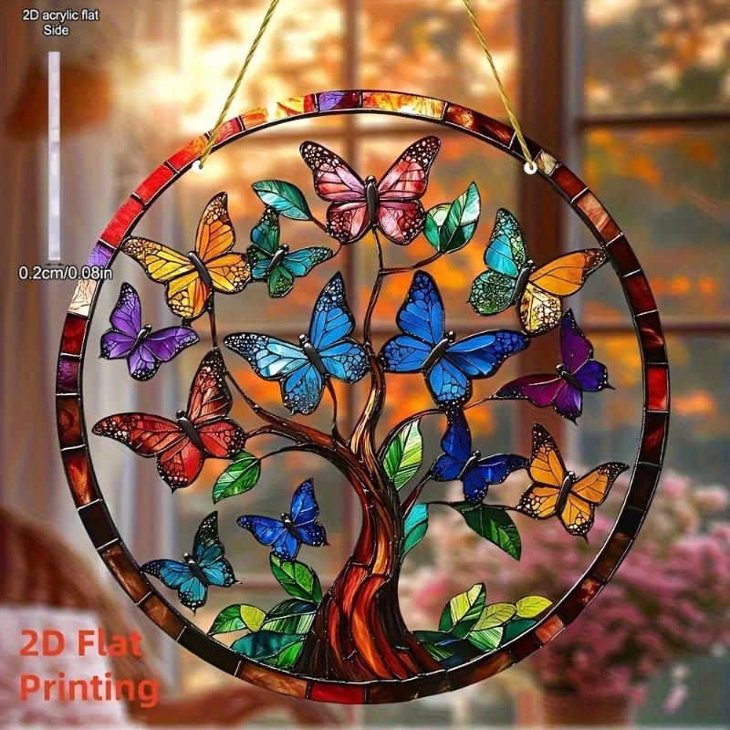 2D Flat Acrylic Tree of Life Butterfly Wall Hanging Decor with Colorful Butterflies & Sunset Design, Nurseries, Vintage Home Decor Wall for Bar