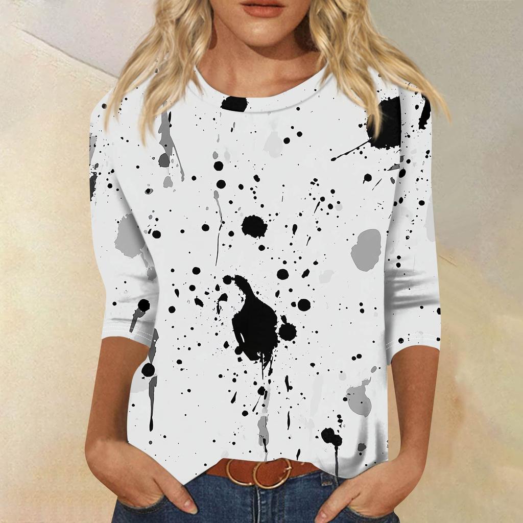 Женская модная повседневная футболка с рукавом семь восьмых, принтом и круглым вырезом