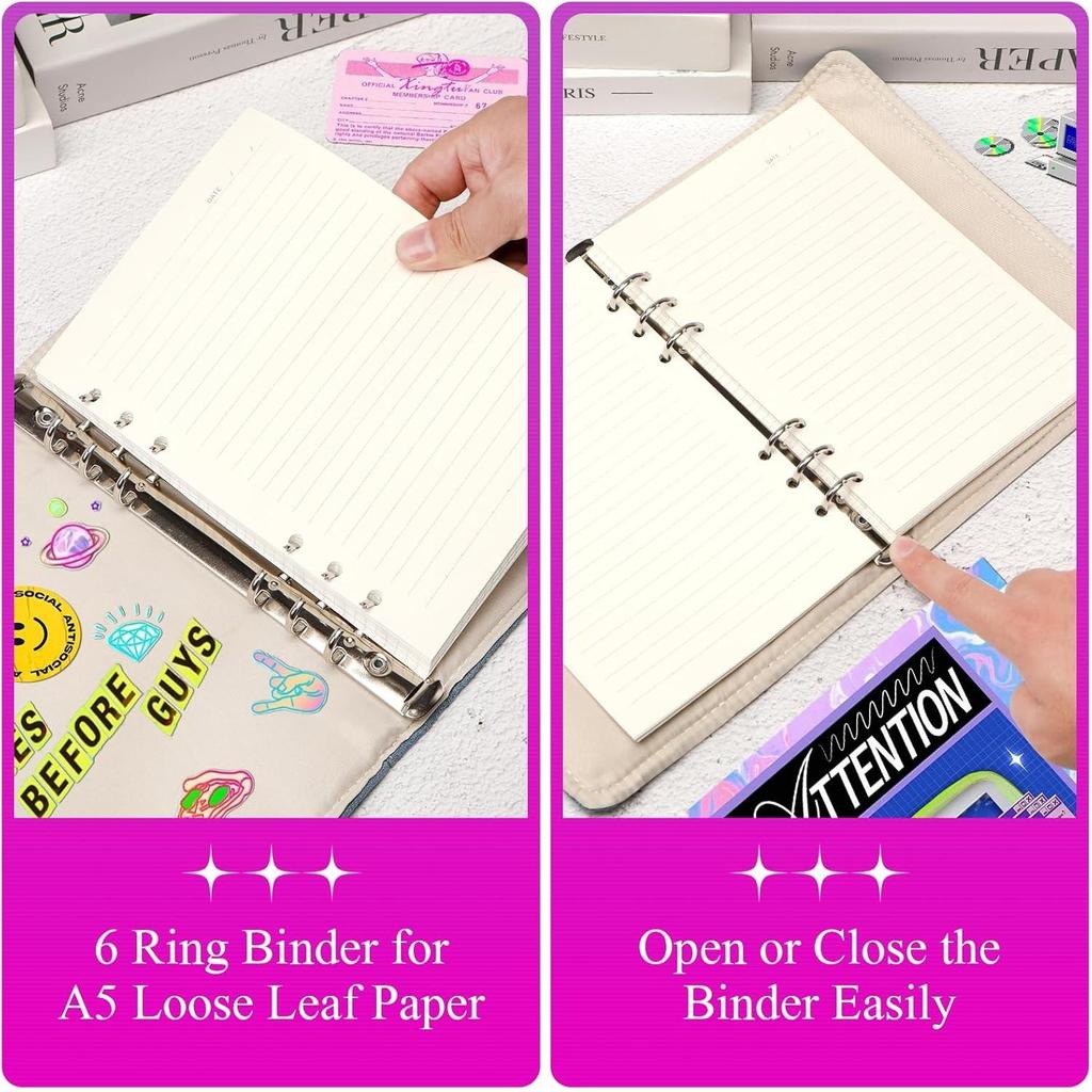 Denim Cover Notebook Binder A5 Size Y2K Kpop Loose Leaf Book With Pen Pocket 100 Sheets Line Grid DIY Diary Album