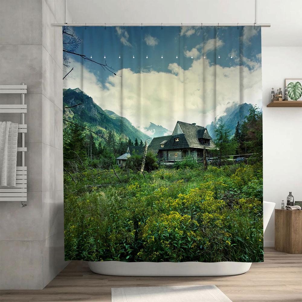 High Quality Shower Curtain Printed with Mountain Villa Design Greenery Surrounding Perfect for Bathroom Decorations