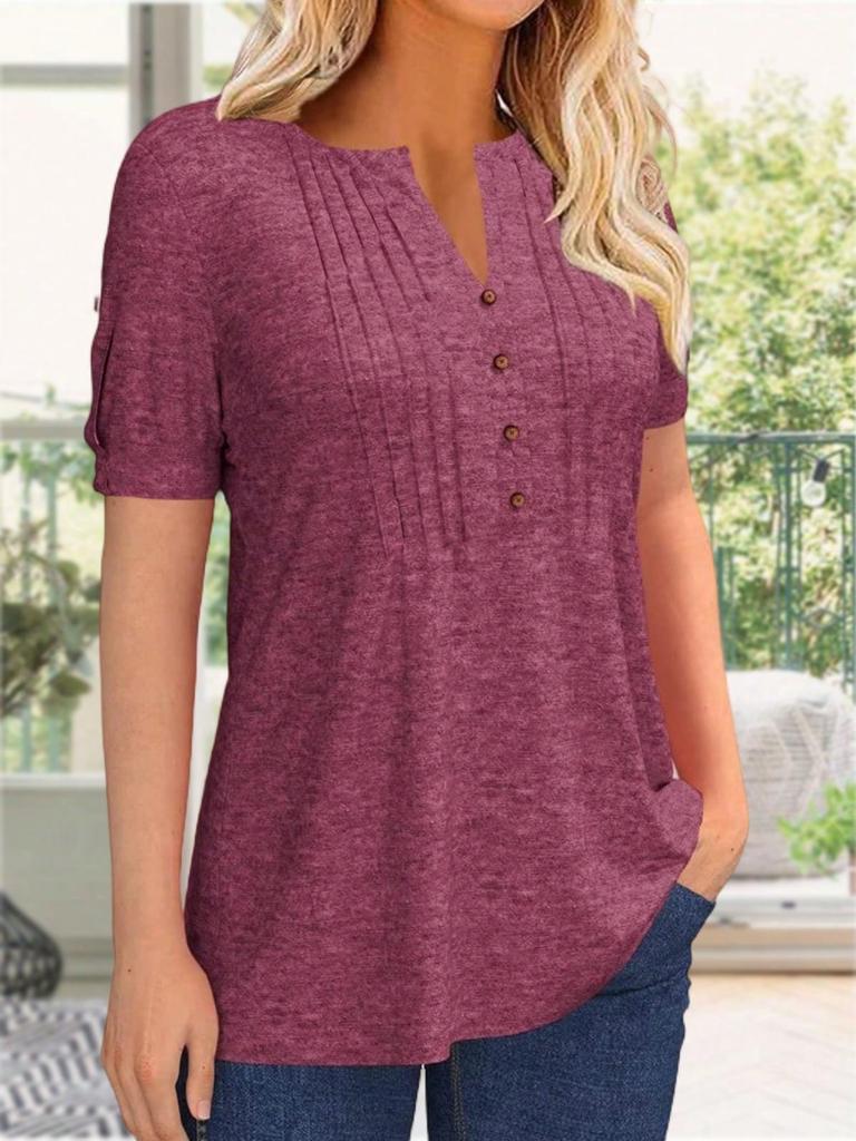 Women's Pleated V Neck T-Shirt Short Sleeve Solid Color Zipper Summer Casual Top