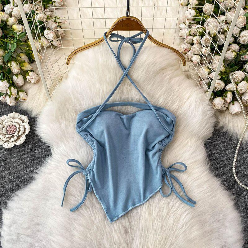 Gyaru Sexy Shoulder Strap Chest Pad Halter Top Women Summer Drawstring Slim Fit Slimming Irregular Short Top