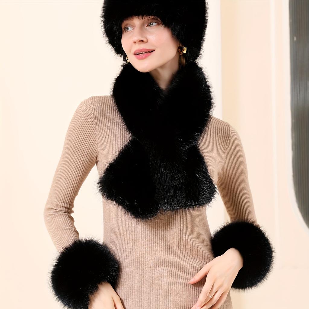 Fashionable 3-Piece Women's Solid Color Faux Fur Headband, Neck Scarf, and Wrist Cuff Set, Cozy Polyester Fiber Accessories Kit