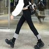 American checkerboard splicing high-waisted jeans children's tide year new thin small straight nine-point pants