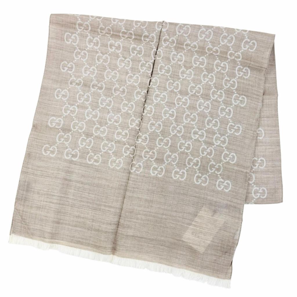 Pristine GUCCI Stall GG Jacquard Mini Fringe Shawl beige wool Women 165904 3G646 Used