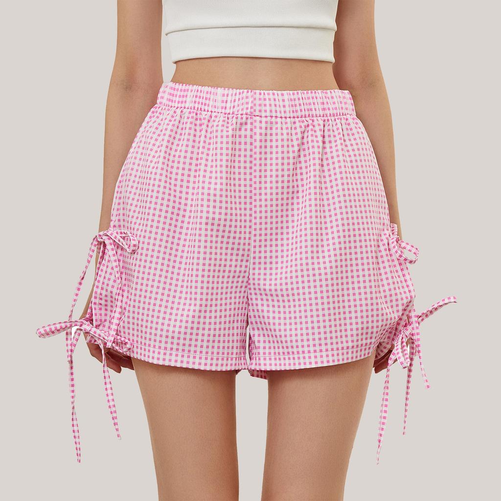 Women's Loose Casual High Waisted Bow Elastic Waisted Checkered Shorts Casual Shortss