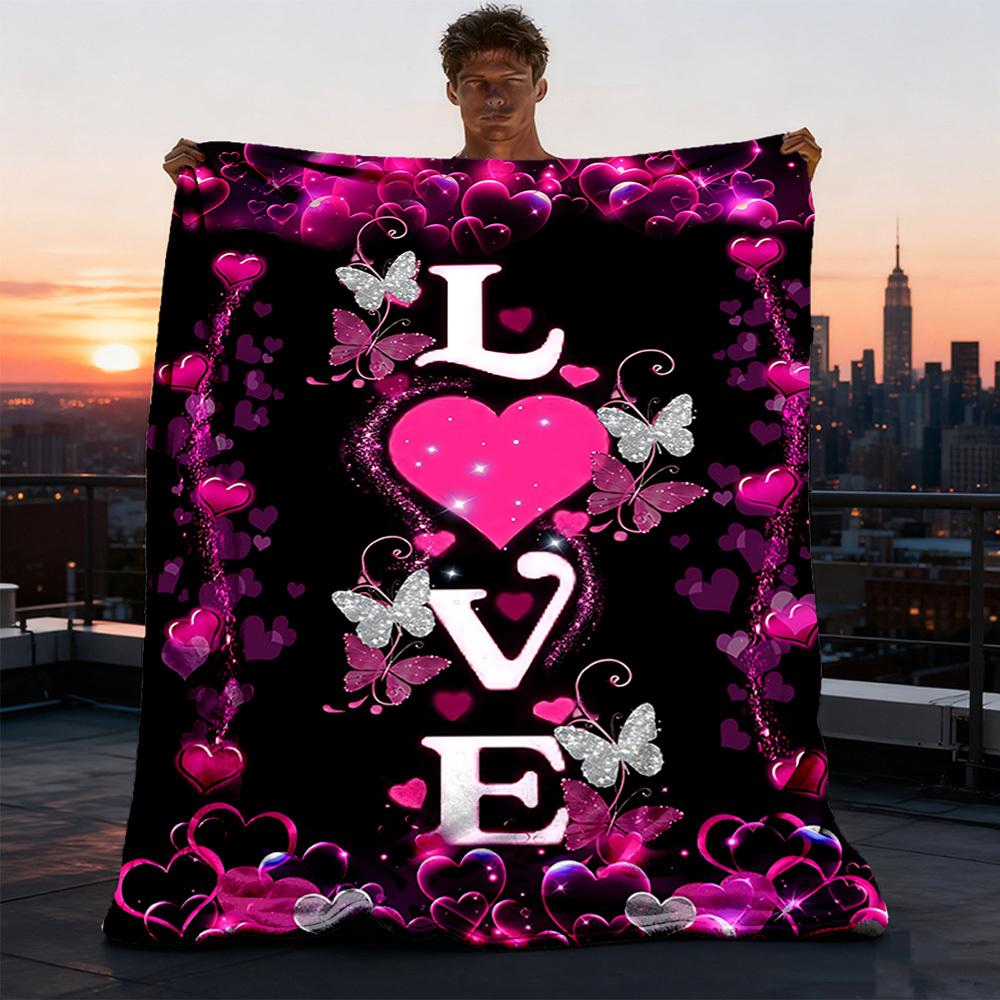 1pc Love Hearts Butterfly Print Outdoor Flannel Blanket Soft All Season Polyester Throw , Perfect for Picnics & Travel , Picnic Accessory